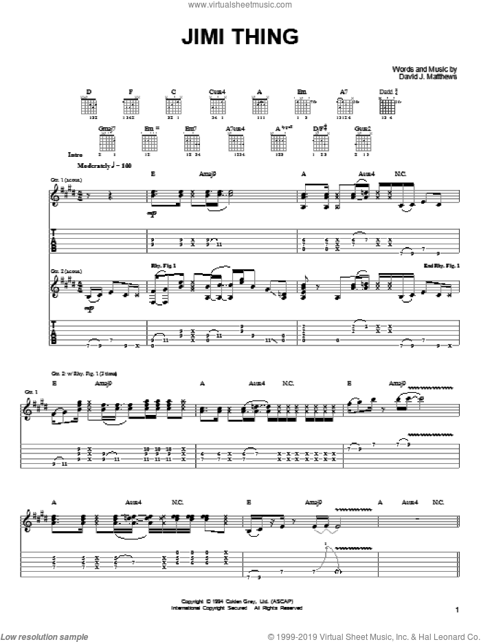 Jimi Thing sheet music for guitar (tablature) by Dave Matthews & Tim Reynolds, Dave Matthews, Tim Reynolds and Dave Matthews Band, intermediate skill level