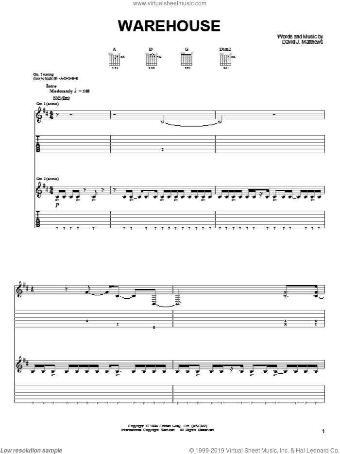 Warehouse sheet music for guitar (tablature) by Dave Matthews & Tim Reynolds, Dave Matthews, Tim Reynolds and Dave Matthews Band, intermediate skill level