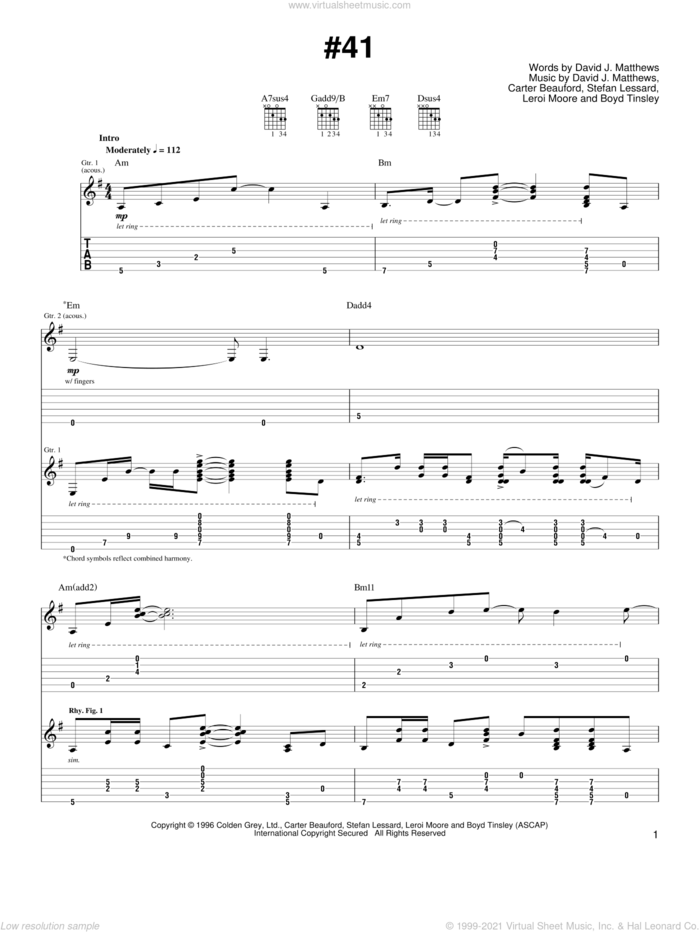 #41 sheet music for guitar (tablature) by Dave Matthews & Tim Reynolds, Dave Matthews, Tim Reynolds, Boyd Tinsley, Carter Beauford, Dave Matthews Band, Leroi Moore and Stefan Lessard, intermediate skill level