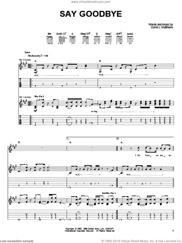 Say Goodbye sheet music for guitar (tablature) by Dave Matthews & Tim Reynolds, Dave Matthews, Tim Reynolds and Dave Matthews Band, intermediate skill level