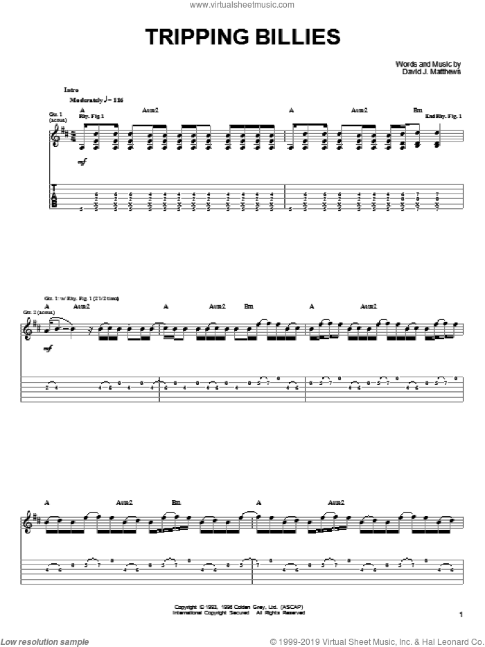 Tripping Billies sheet music for guitar (tablature) by Dave Matthews & Tim Reynolds, Dave Matthews, Tim Reynolds and Dave Matthews Band, intermediate skill level