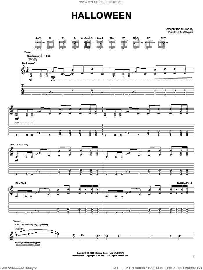Halloween sheet music for guitar (tablature) by Dave Matthews & Tim Reynolds, Dave Matthews, Tim Reynolds and Dave Matthews Band, intermediate skill level