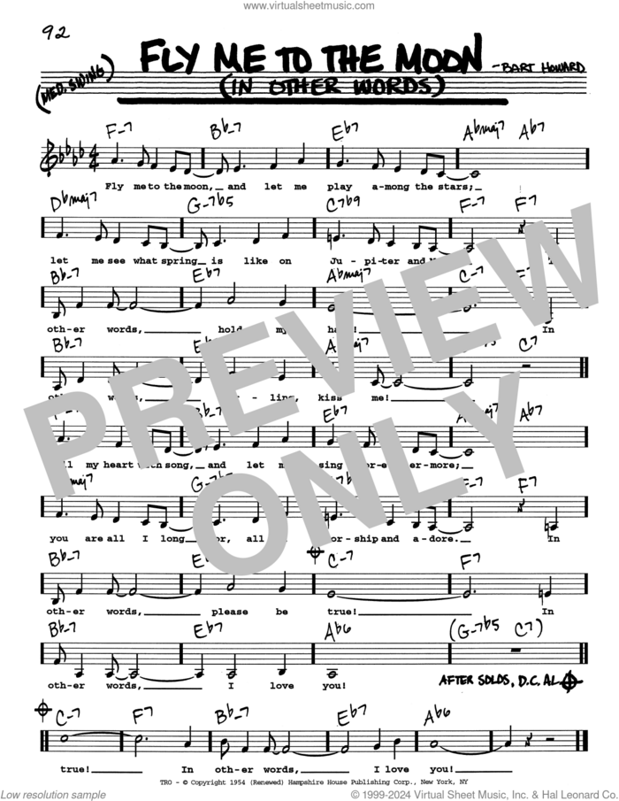 Fly Me To The Moon (In Other Words) (Low Voice) sheet music for voice and other instruments (real book with lyrics) by Tony Bennett and Bart Howard, intermediate skill level