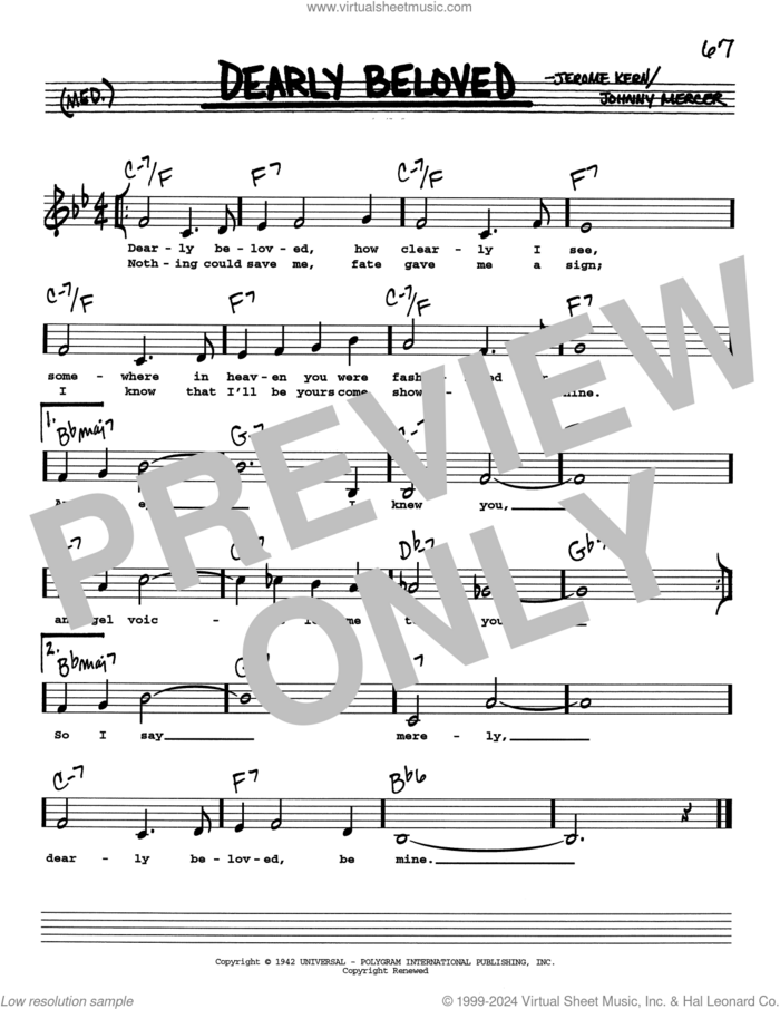 Dearly Beloved (Low Voice) sheet music for voice and other instruments (real book with lyrics) by Johnny Mercer and Jerome Kern, intermediate skill level