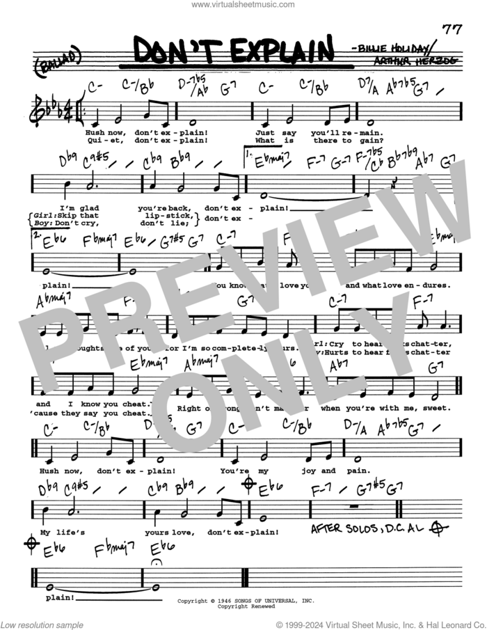 Don't Explain (Low Voice) sheet music for voice and other instruments (real book with lyrics) by Billie Holiday and Arthur Herzog Jr., intermediate skill level