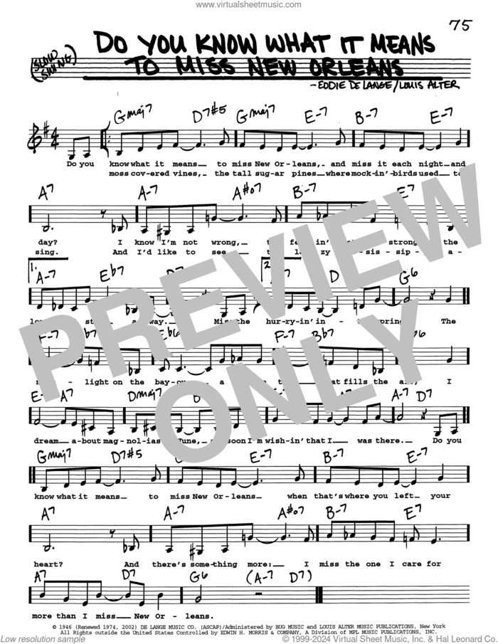 Do You Know What It Means To Miss New Orleans (Low Voice) sheet music for voice and other instruments (real book with lyrics) by Eddie DeLange and Louis Alter, intermediate skill level