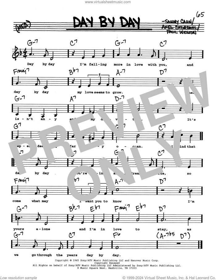 Day By Day (Low Voice) sheet music for voice and other instruments (real book with lyrics) by Sammy Cahn, Axel Stordahl and Paul Weston, intermediate skill level