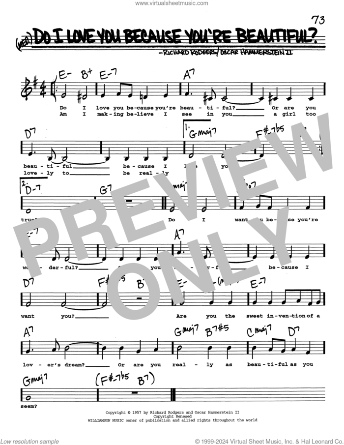 Do I Love You Because You're Beautiful? (Low Voice) sheet music for voice and other instruments (real book with lyrics) by Richard Rodgers, Oscar II Hammerstein and Rodgers & Hammerstein, intermediate skill level
