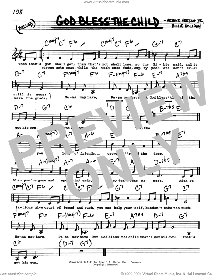 God Bless' The Child (Low Voice) sheet music for voice and other instruments (real book with lyrics) by Billie Holiday and Arthur Herzog Jr., intermediate skill level