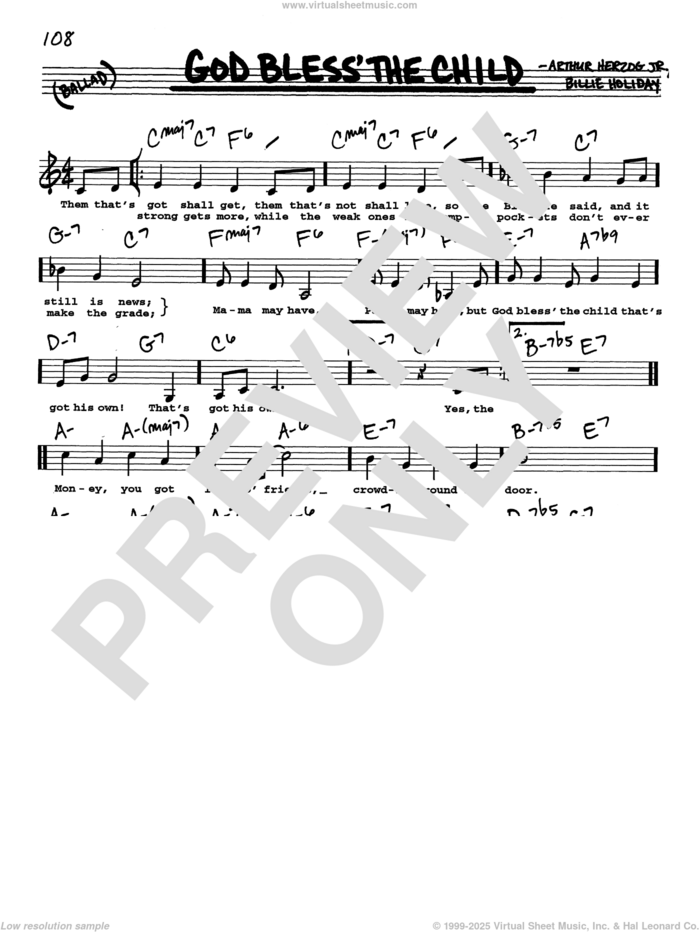 God Bless' The Child (Low Voice) sheet music for voice and other instruments (real book with lyrics) by Billie Holiday and Arthur Herzog Jr., intermediate skill level