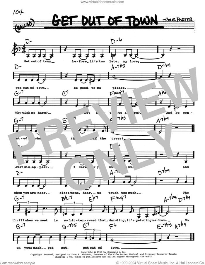 Get Out Of Town (Low Voice) sheet music for voice and other instruments (real book with lyrics) by Cole Porter, intermediate skill level
