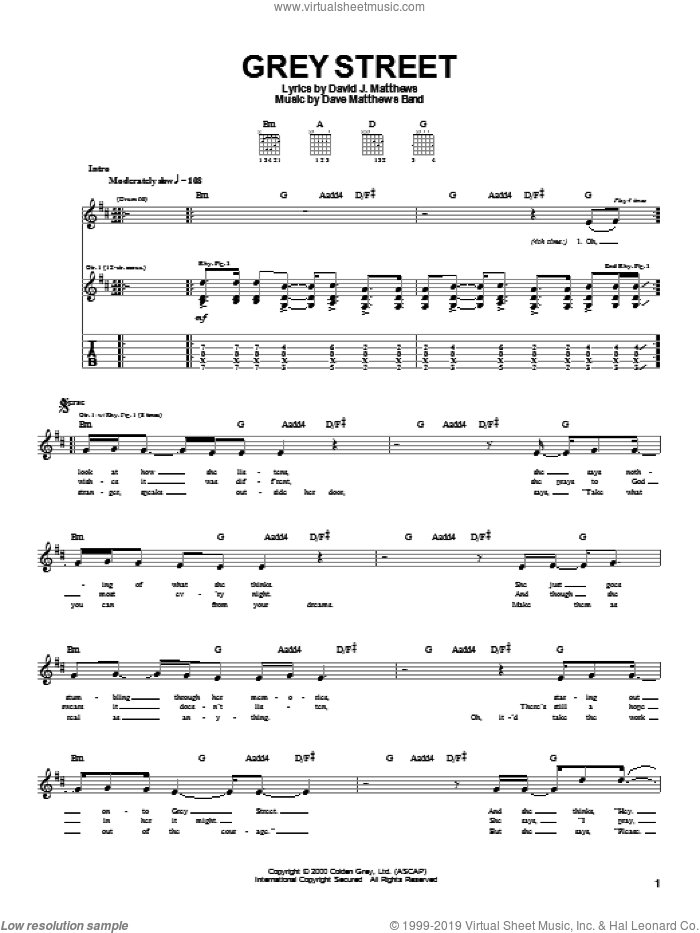 Grey Street sheet music for guitar (tablature) by Dave Matthews Band, intermediate skill level