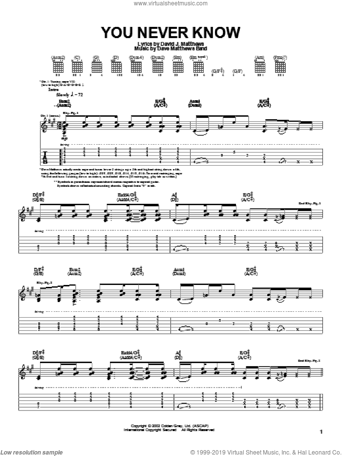 You Never Know sheet music for guitar (tablature) by Dave Matthews Band, intermediate skill level