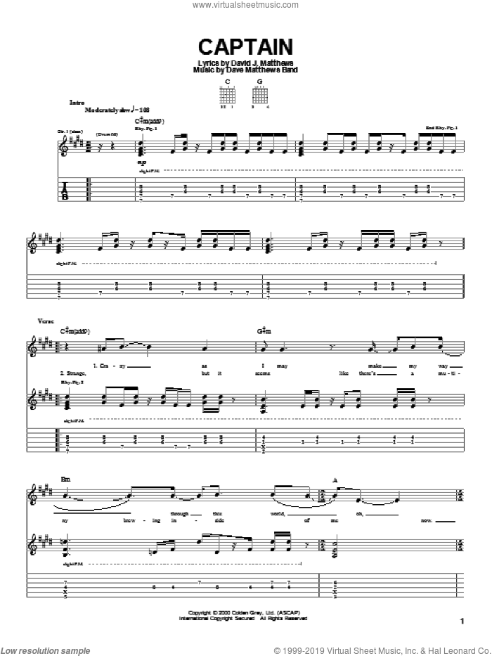 Captain sheet music for guitar (tablature) by Dave Matthews Band, intermediate skill level