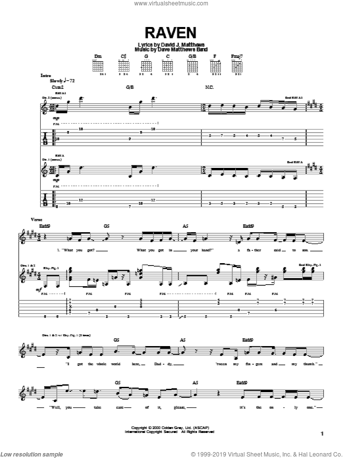 Raven sheet music for guitar (tablature) by Dave Matthews Band, intermediate skill level