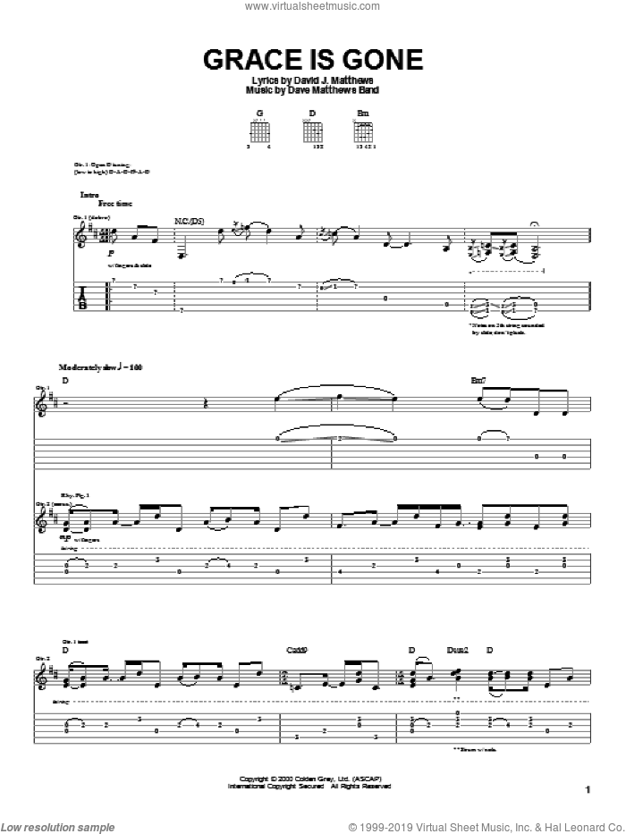 Grace Is Gone sheet music for guitar (tablature) by Dave Matthews Band, intermediate skill level