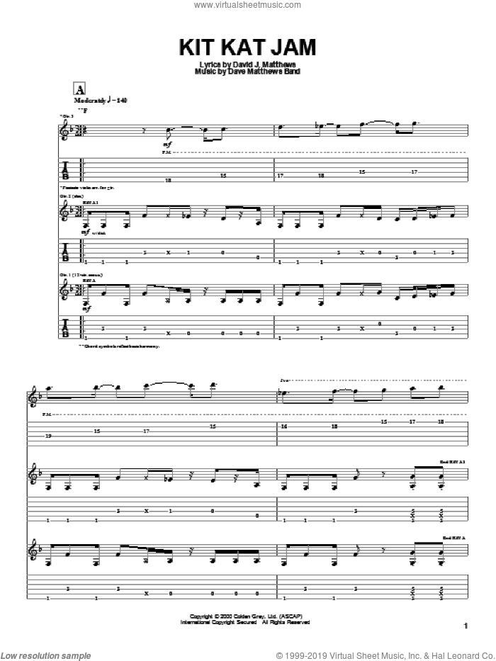 Kit Kat Jam sheet music for guitar (tablature) by Dave Matthews Band, intermediate skill level
