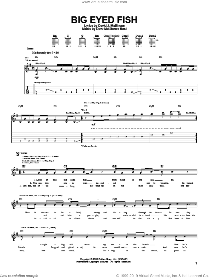 Big Eyed Fish sheet music for guitar (tablature) by Dave Matthews Band, intermediate skill level