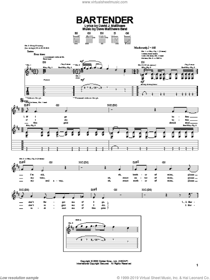 Bartender sheet music for guitar (tablature) by Dave Matthews Band, intermediate skill level