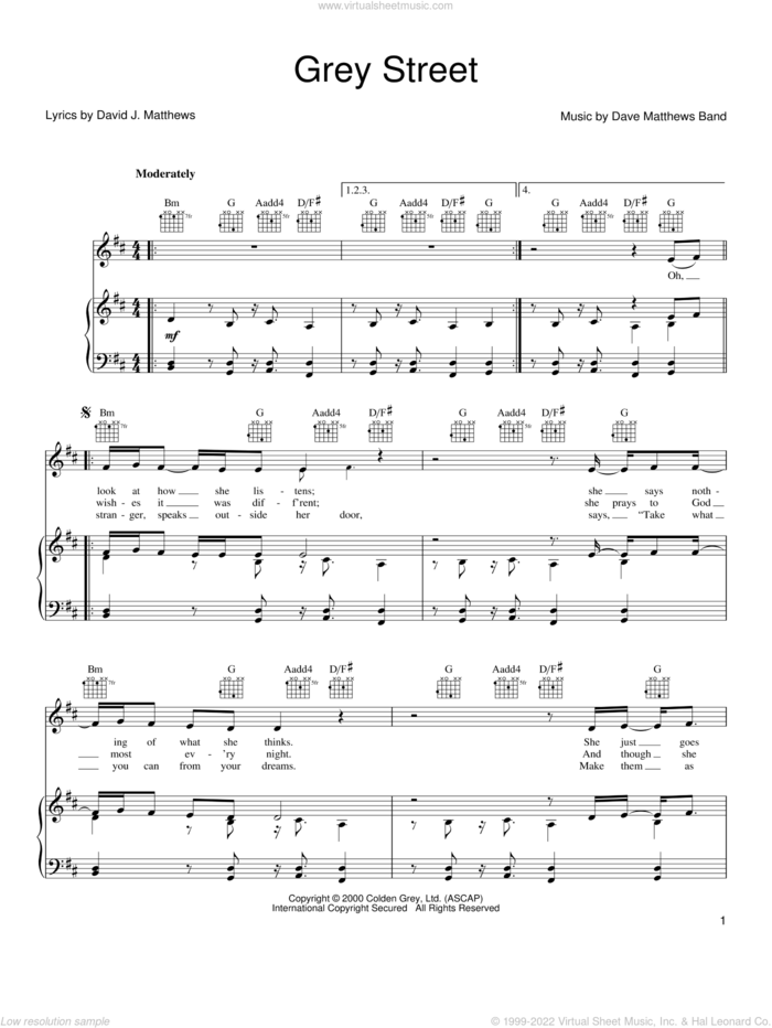 Grey Street sheet music for voice, piano or guitar by Dave Matthews Band, intermediate skill level