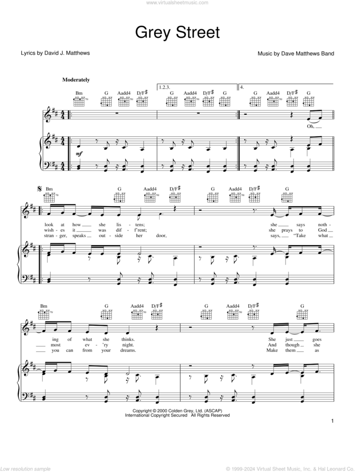 Grey Street sheet music for voice, piano or guitar by Dave Matthews Band, intermediate skill level