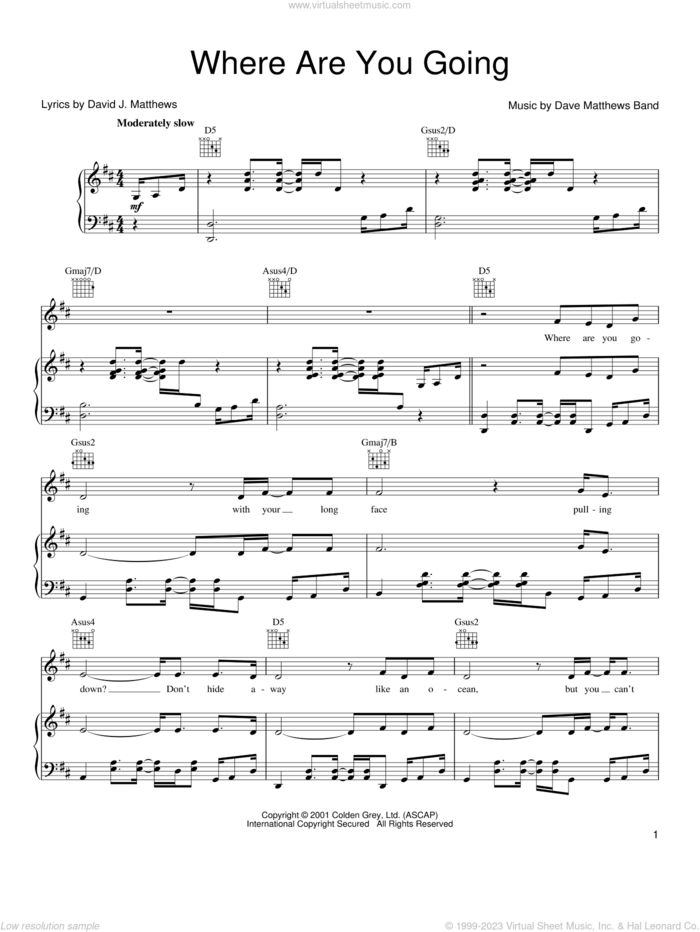 Where Are You Going sheet music for voice, piano or guitar by Dave Matthews Band, intermediate skill level
