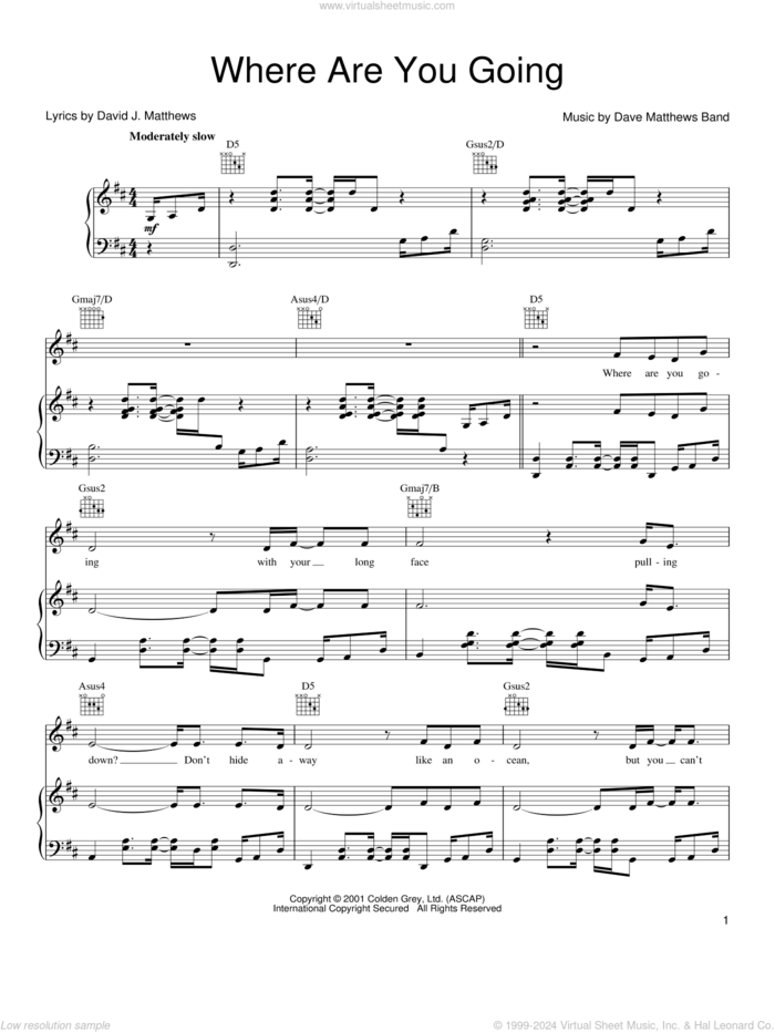 Where Are You Going sheet music for voice, piano or guitar by Dave Matthews Band, intermediate skill level