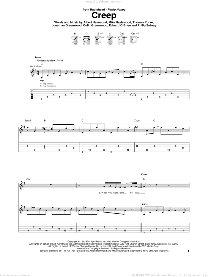 Creep sheet music for guitar (tablature) by Radiohead, Albert Hammond, Colin Greenwood, Jonathan Greenwood, Michael Hazlewood, Philip Selway and Thom Yorke, intermediate skill level