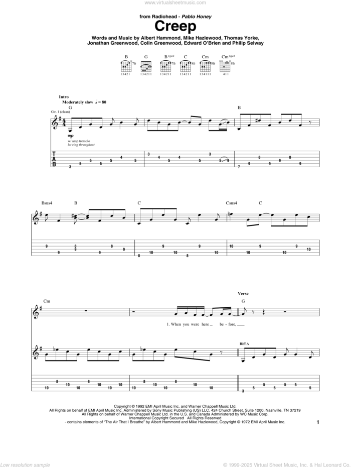 Creep sheet music for guitar (tablature) by Radiohead, Albert Hammond, Colin Greenwood, Jonathan Greenwood, Michael Hazlewood, Philip Selway and Thom Yorke, intermediate skill level