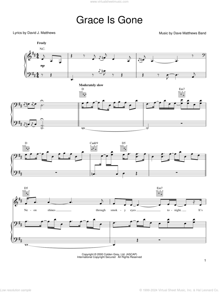 Grace Is Gone sheet music for voice, piano or guitar by Dave Matthews Band, intermediate skill level