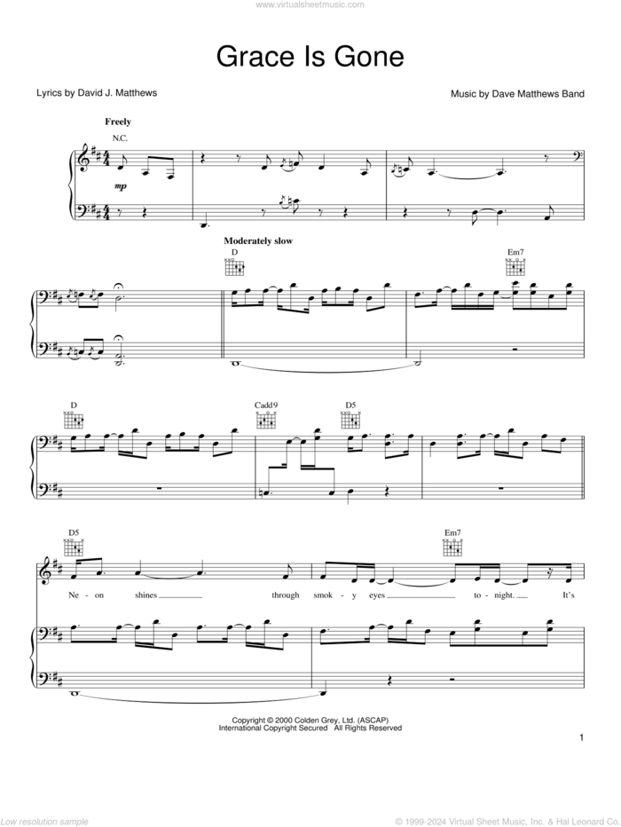 Grace Is Gone sheet music for voice, piano or guitar by Dave Matthews Band, intermediate skill level