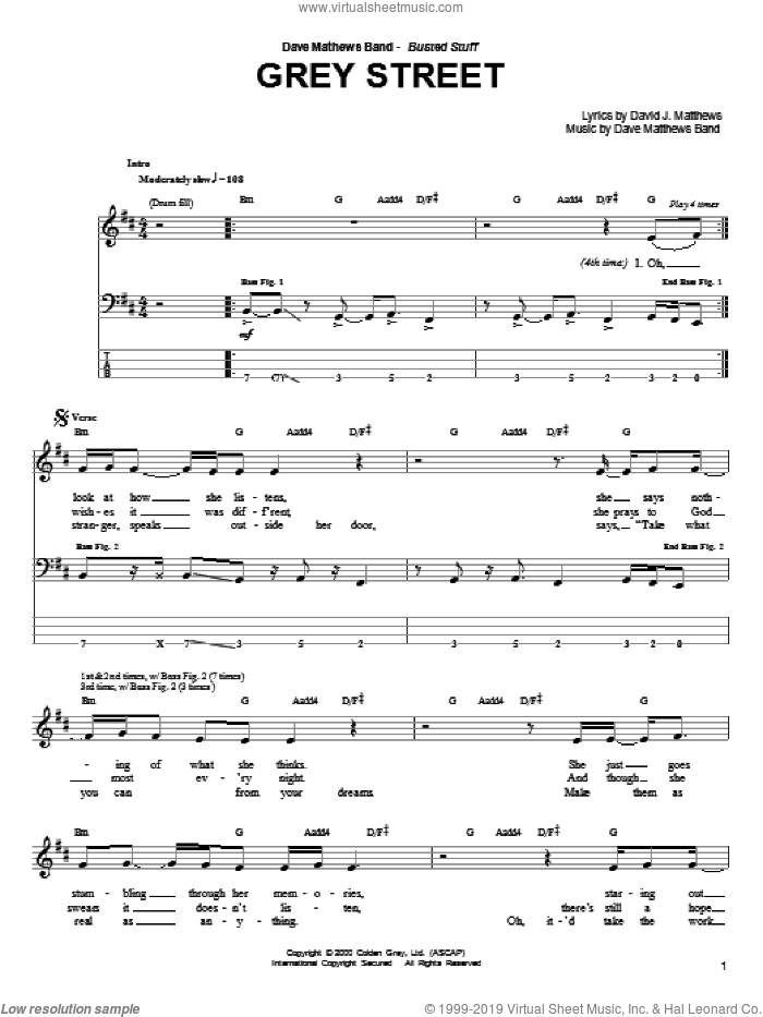 Grey Street sheet music for bass (tablature) (bass guitar) by Dave Matthews Band, intermediate skill level