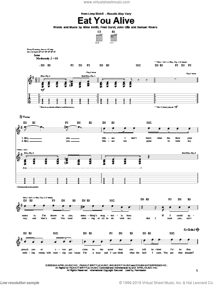 Eat You Alive sheet music for guitar (tablature) by Limp Bizkit, Fred Durst, John Otto, Michael W. Smith and Samuel Rivers, intermediate skill level