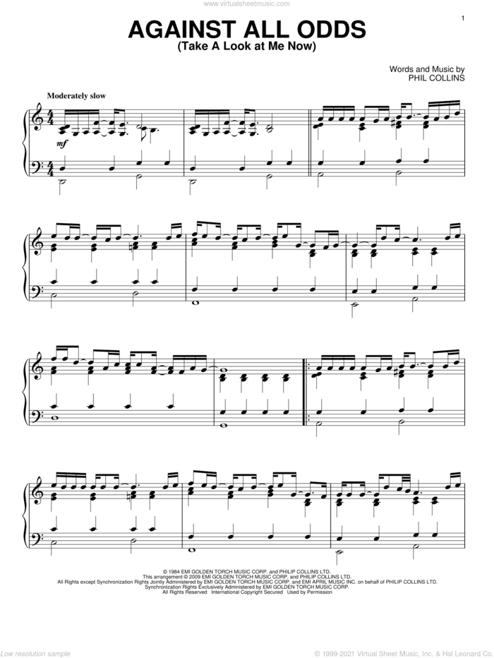 Against All Odds (Take A Look At Me Now), (intermediate) sheet music for piano solo by Phil Collins, intermediate skill level