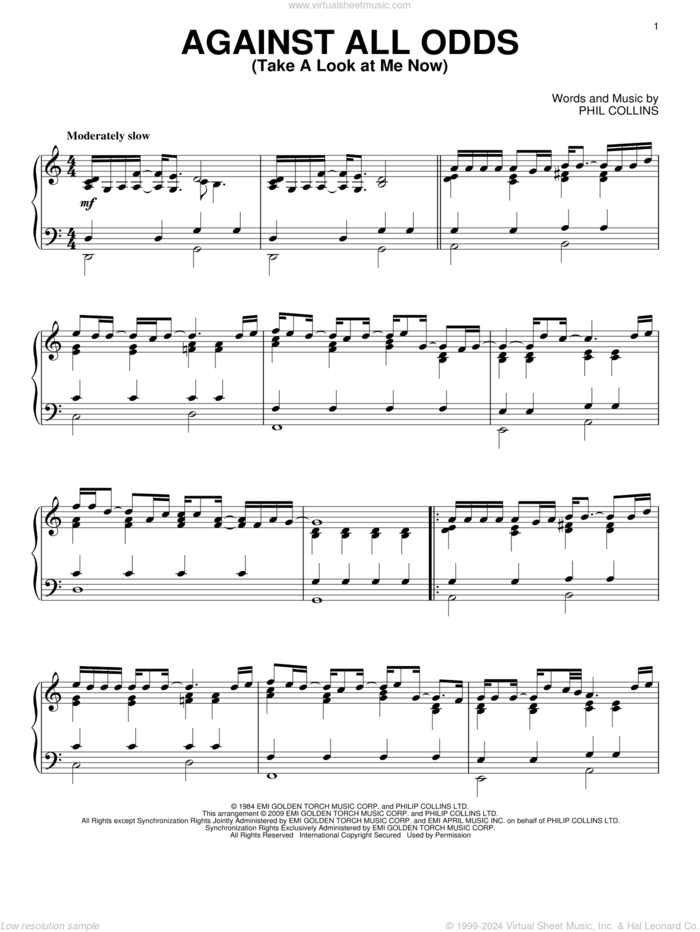 Against All Odds (Take A Look At Me Now), (intermediate) sheet music for piano solo by Phil Collins, intermediate skill level