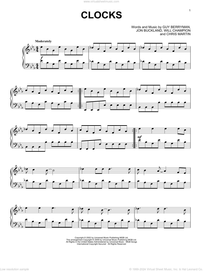 Clocks sheet music for piano solo by Coldplay, Chris Martin, Guy Berryman, Jon Buckland and Will Champion, intermediate skill level