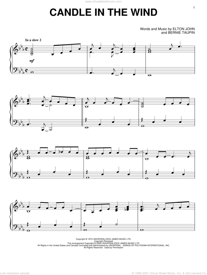 Candle In The Wind, (intermediate) sheet music for piano solo by Elton John and Bernie Taupin, intermediate skill level