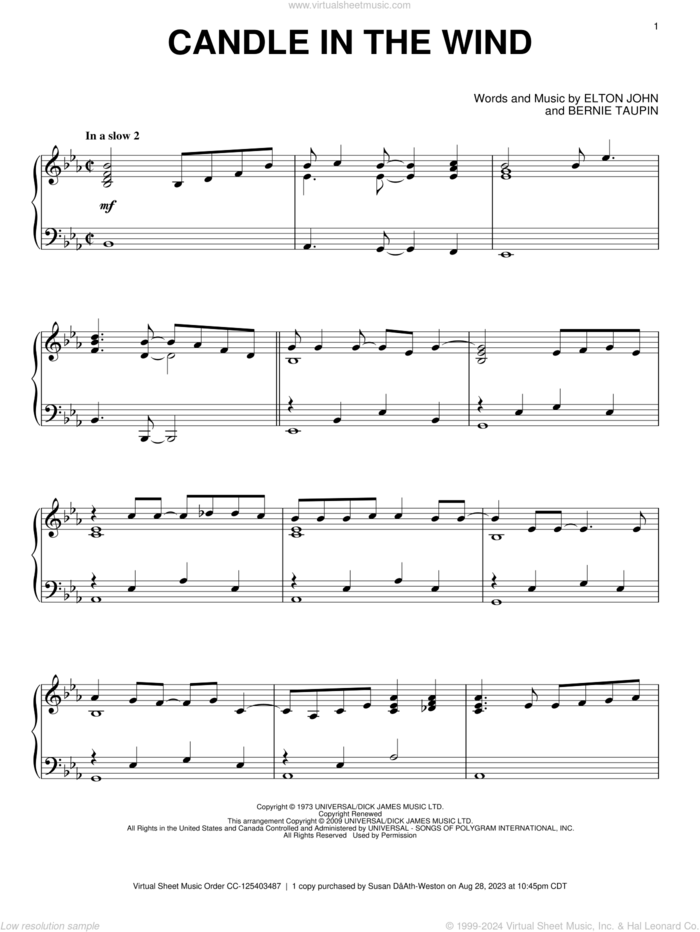 Candle In The Wind, (intermediate) sheet music for piano solo by Elton John and Bernie Taupin, intermediate skill level