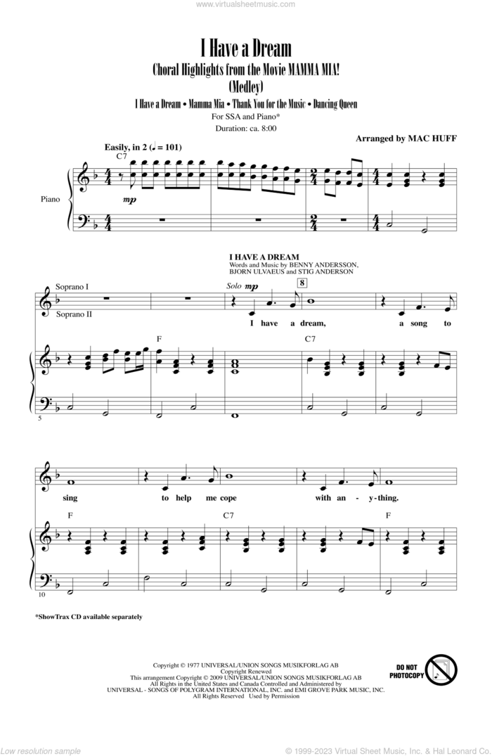 I Have A Dream - Choral Highlights from the Movie Mamma Mia! (Medley) sheet music for choir (SSA: soprano, alto) by Benny Andersson, Bjorn Ulvaeus, ABBA and Mac Huff, intermediate skill level