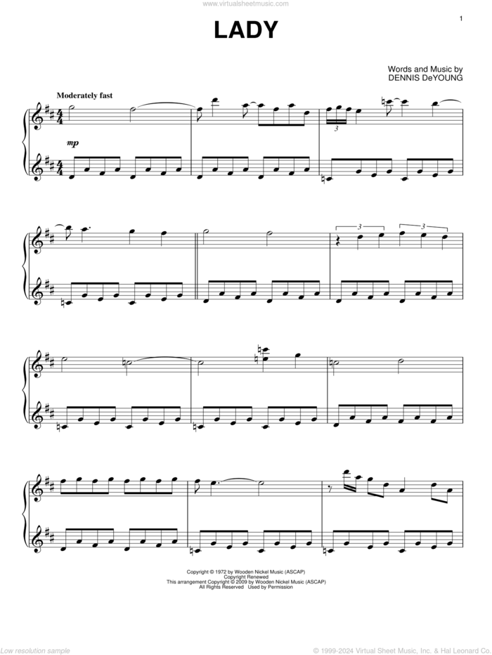 Lady sheet music for piano solo by Styx and Dennis DeYoung, intermediate skill level