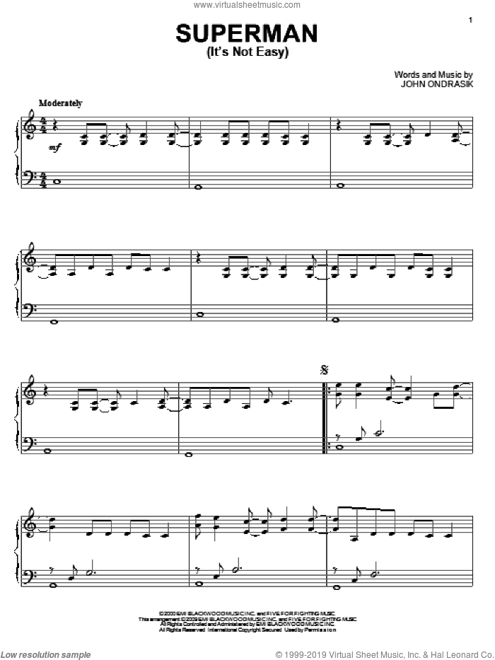 Superman (It's Not Easy) sheet music for piano solo by Five For Fighting and John Ondrasik, intermediate skill level