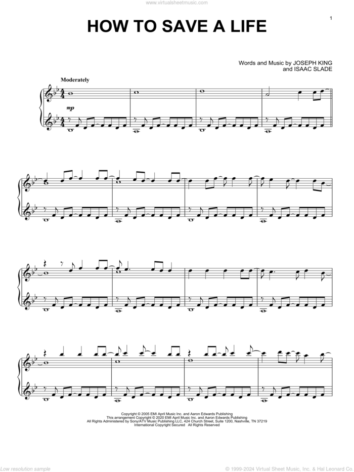 How To Save A Life, (intermediate) sheet music for piano solo by The Fray, Isaac Slade and Joseph King, intermediate skill level