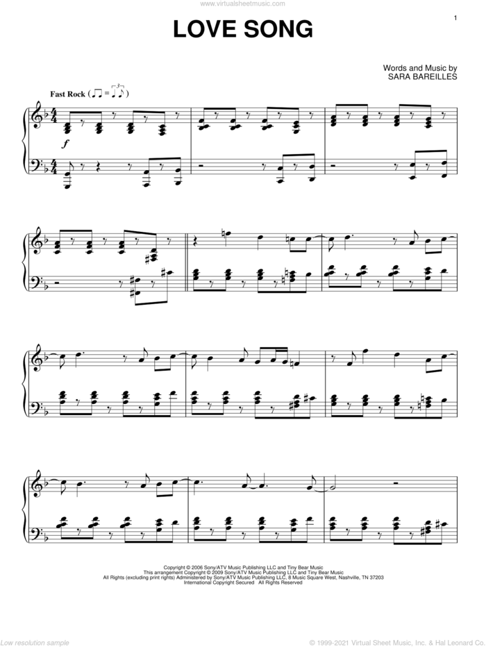 Love Song, (intermediate) sheet music for piano solo by Sara Bareilles, intermediate skill level