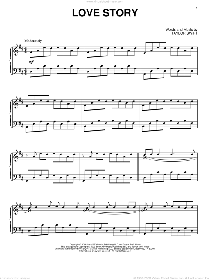 Love Story, (intermediate) sheet music for piano solo by Taylor Swift, intermediate skill level