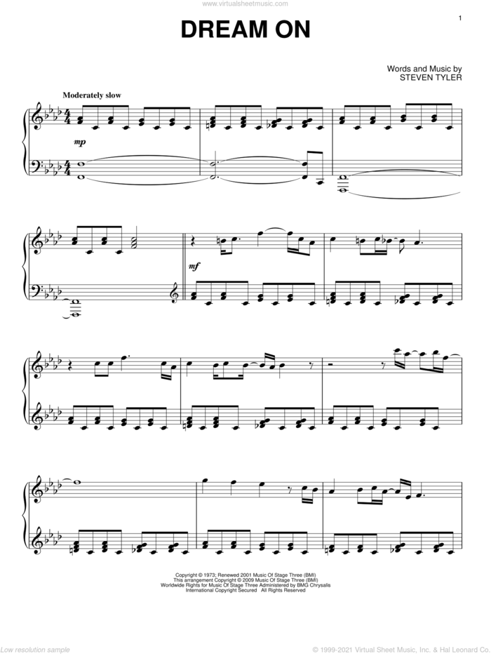 Dream On, (intermediate) sheet music for piano solo by Aerosmith and Steven Tyler, intermediate skill level