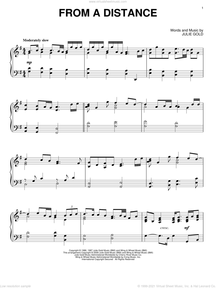 From A Distance, (intermediate) sheet music for piano solo by Bette Midler, Nanci Griffith and Julie Gold, intermediate skill level