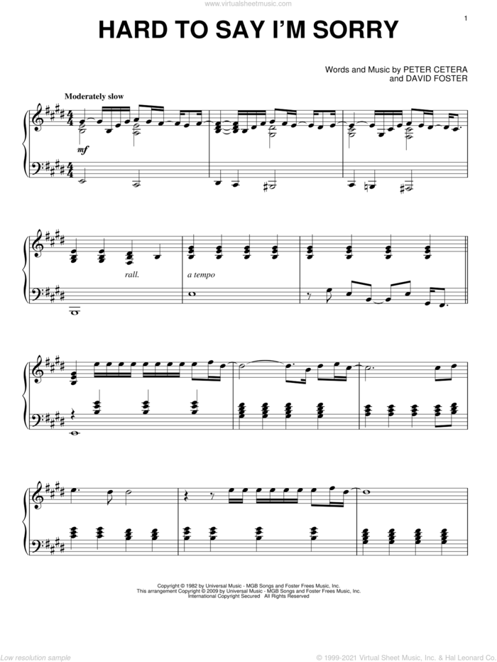Hard To Say I'm Sorry sheet music for piano solo by Chicago, David Foster and Peter Cetera, intermediate skill level