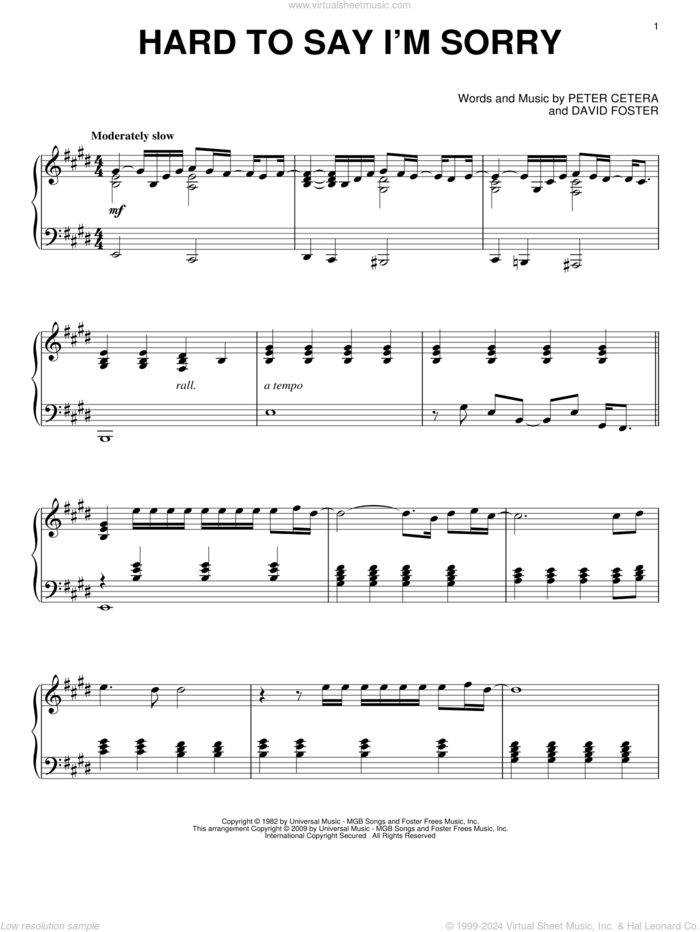 Hard To Say I'm Sorry sheet music for piano solo by Chicago, David Foster and Peter Cetera, intermediate skill level