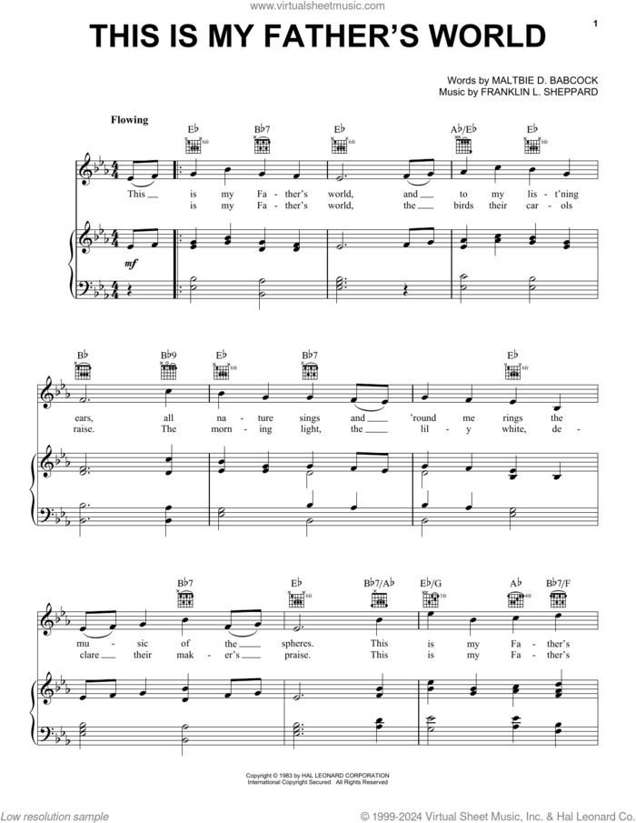 This Is My Father's World sheet music for voice, piano or guitar by Maltbie D. Babcock and Franklin L. Sheppard, intermediate skill level