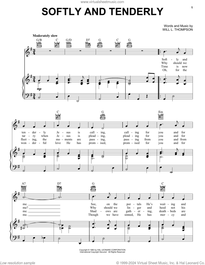 Softly And Tenderly sheet music for voice, piano or guitar by Will L. Thompson, intermediate skill level